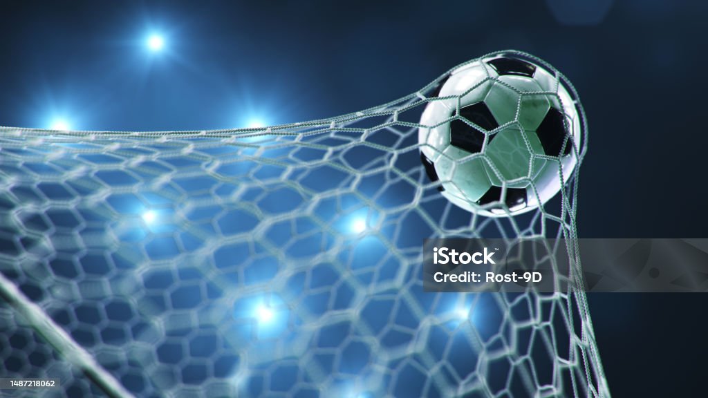 Soccer ball flew into the goal. Soccer ball bends the net, against the background of flashes of light. Soccer ball in goal net on blue background. A moment of delight, 3D illustration